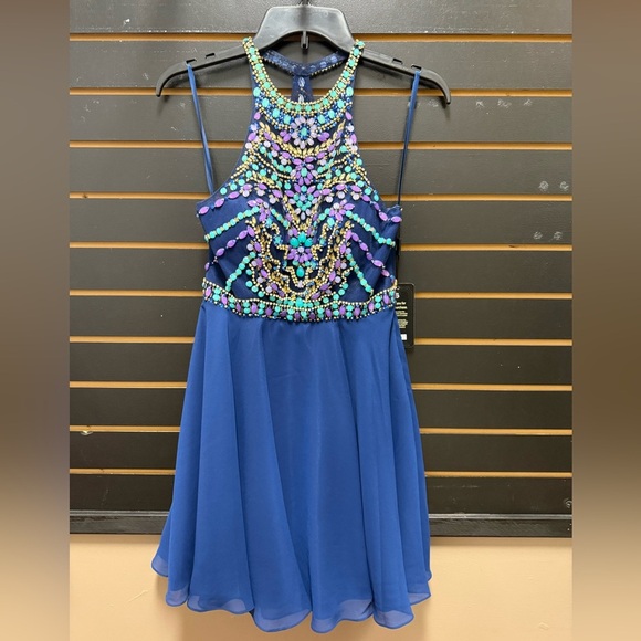 NWT Nox Anabel - 6238 High Illusion Racerback Bejeweled Cocktail Dress - Picture 1 of 5